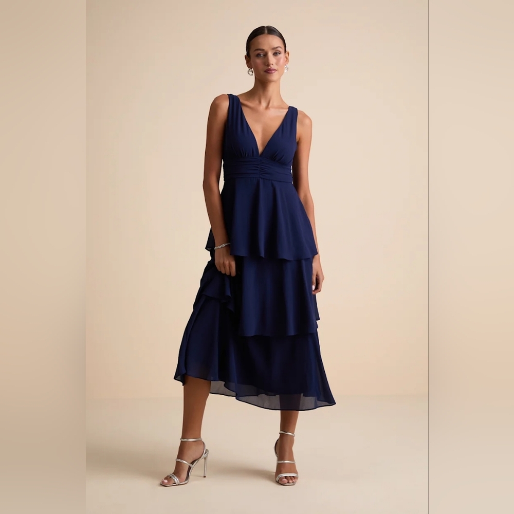 Lulus Celebration Time Navy Blue Sleeveless Tiered Midi Dress